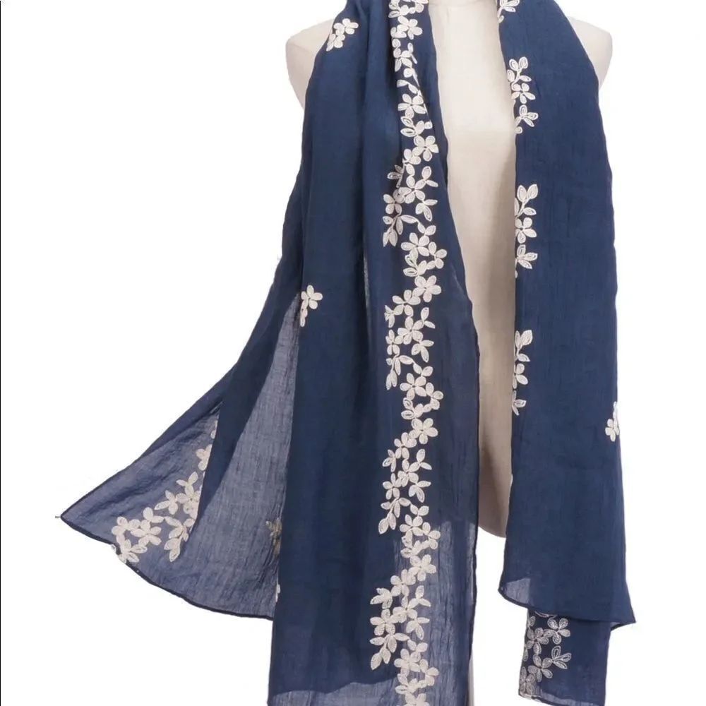 ✨RiscaWin Lady Sheer Soft Hit Jasmine Floral Embroidered Flower Scarf Shawl✨